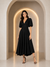 Black Puff Sleeve Flared Midi Dress
