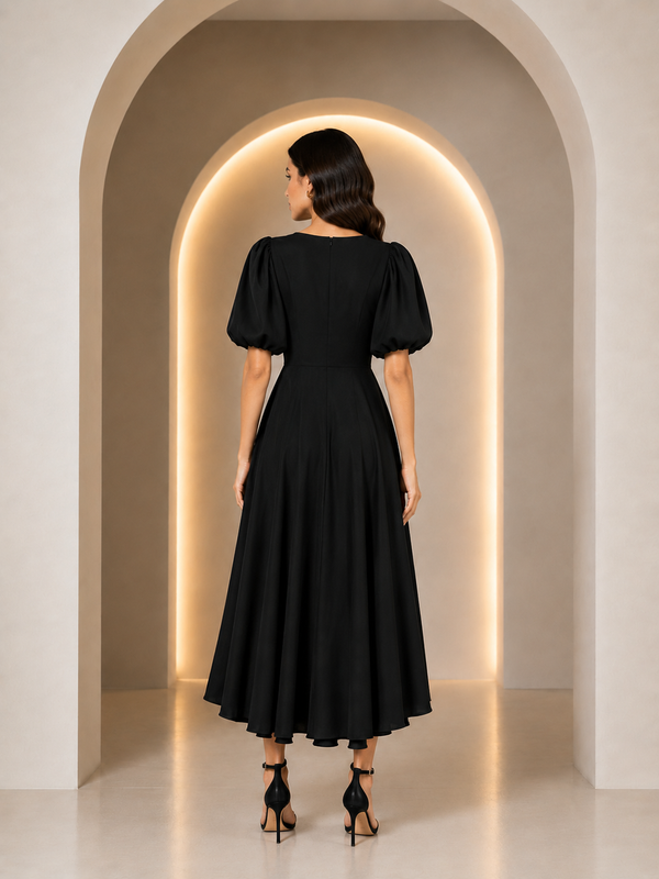 Black Puff Sleeve Flared Midi Dress