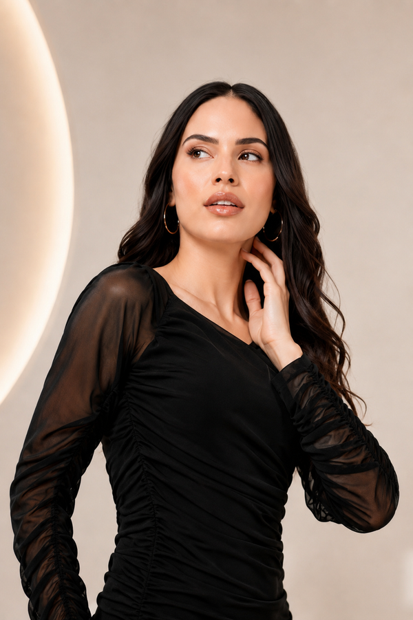 Black Ruched Side Slit Maxi Dress