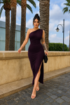 Deep Wine Plum One-Shoulder Ruched Slit Maxi Dress