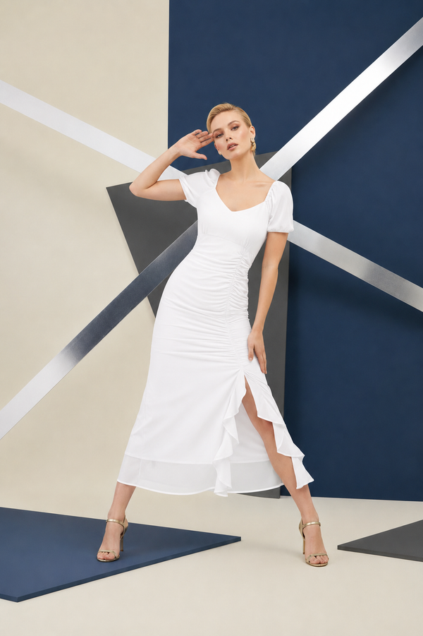 White Ruched Wrap Midi Dress