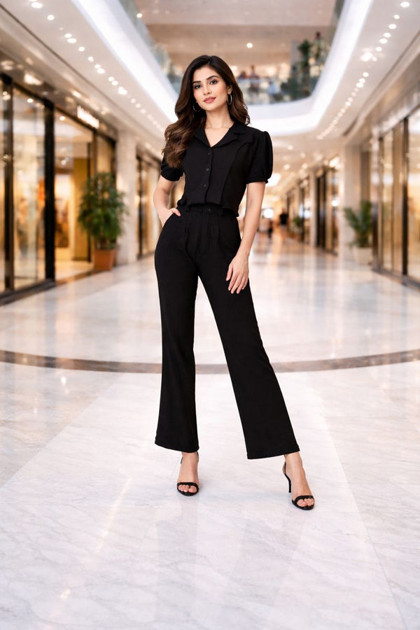 Elegant Black Co-ord Set with Tailored Shirt & Wide-Leg Trousers