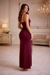 Wine Ruched Slit Maxi Dress