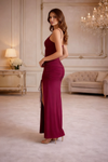 Wine Berry Ruched Slit Evening Dress