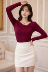 Wine Off-Shoulder Fitted Long Sleeve Top
