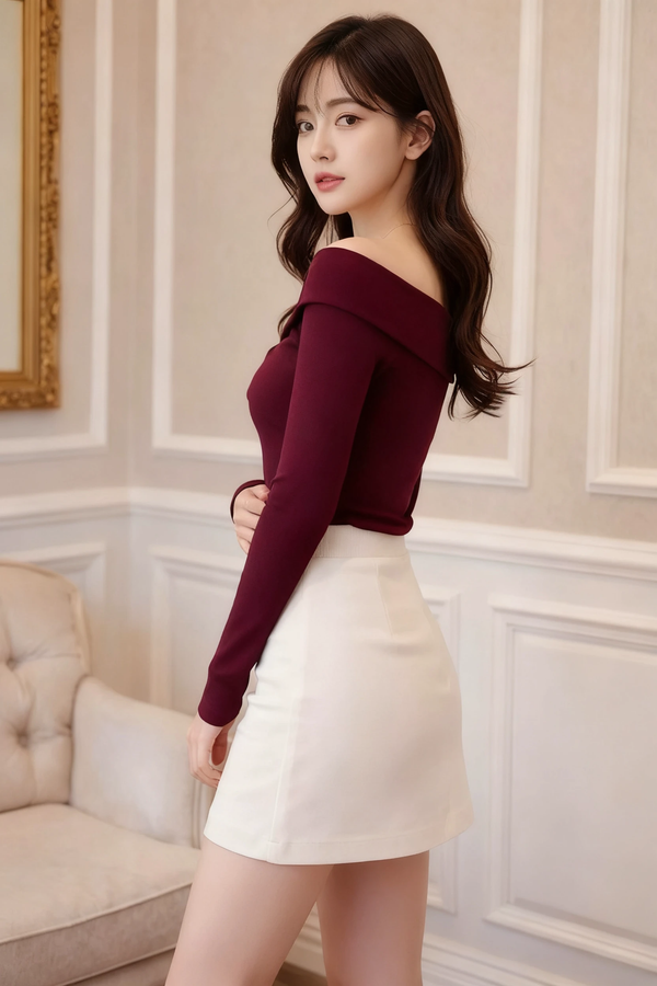 Wine Off-Shoulder Fitted Long Sleeve Top