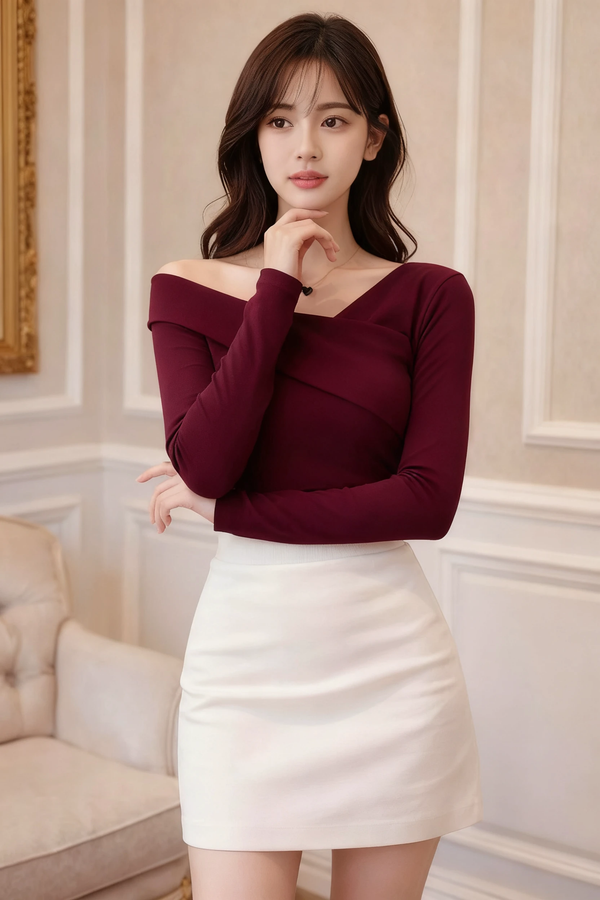 Wine Off-Shoulder Fitted Long Sleeve Top
