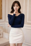 Navy Blue Off-Shoulder Bodycon Long Sleeve Top