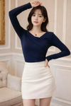 Navy Blue Off-Shoulder Bodycon Long Sleeve Top