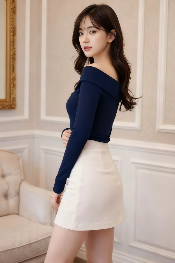 Navy Blue Off-Shoulder Bodycon Long Sleeve Top
