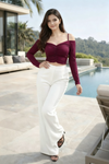Wine Ruched Off Shoulder Crop Top for Women