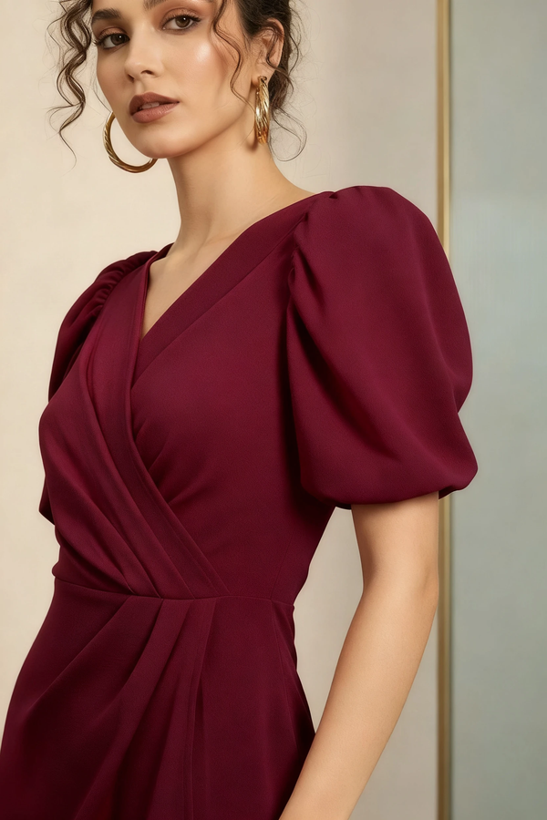 Wine Puff Sleeve Wrap Tulip Mini Dress