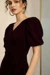 Wine Deep Plum Puff Sleeve Wrap Mini Dress
