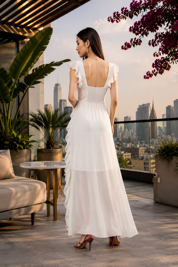 White Ruffle Hem High-Low Midi Dress