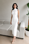 White High Neck Ruched Bodycon Midi Dress