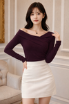 Deep Wine Plum Asymmetric Off Shoulder Top