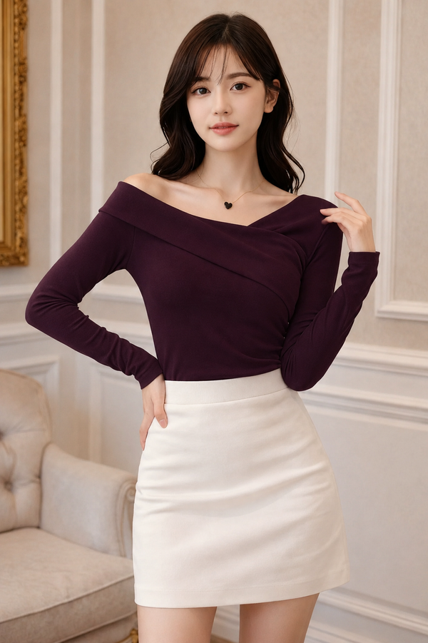 Deep Wine Plum Asymmetric Off Shoulder Top