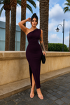 Deep Wine Plum One-Shoulder Ruched Slit Maxi Dress