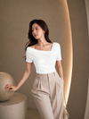 White Asymmetric Ruched Neck Fitted Top for Women
