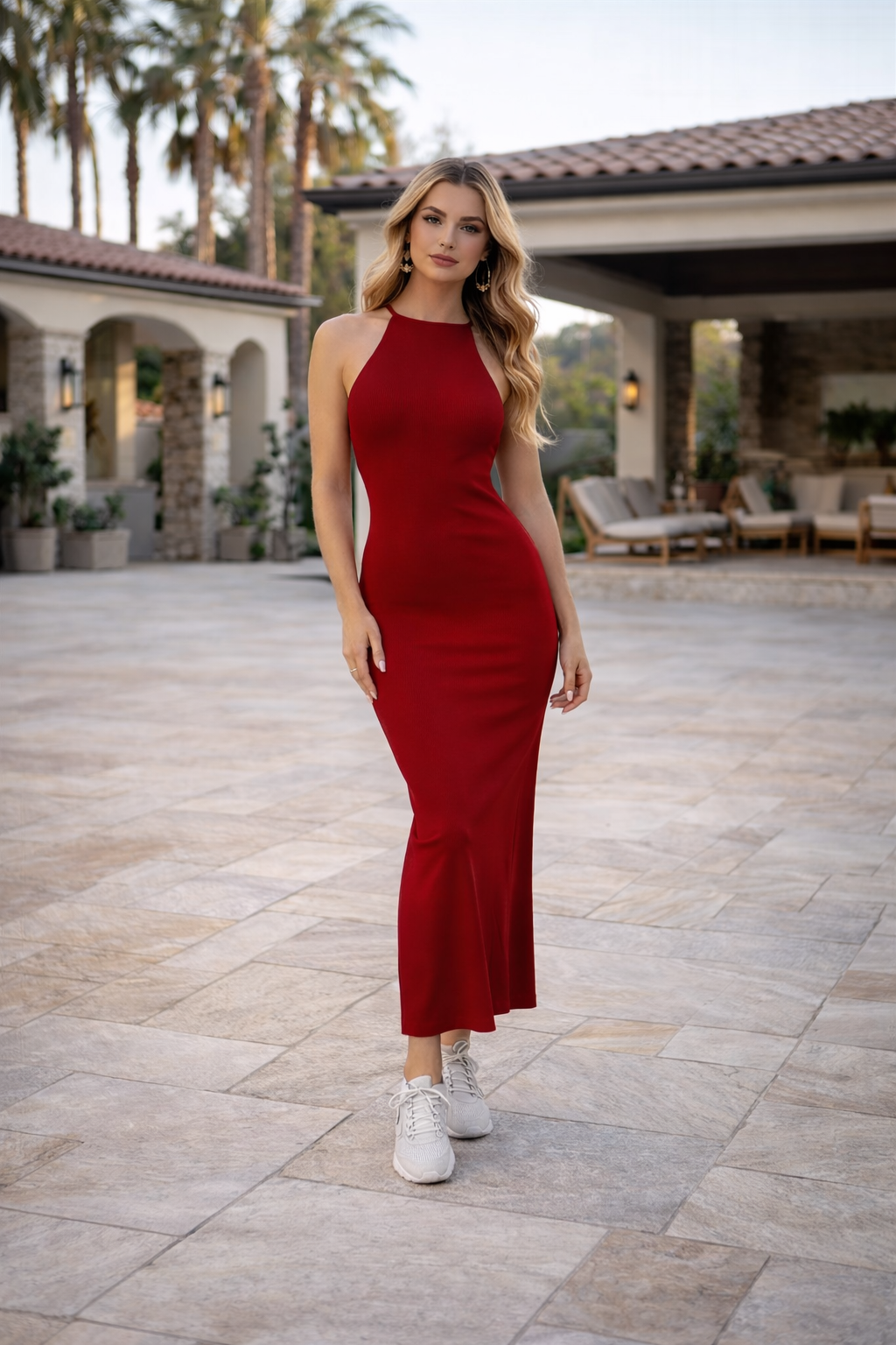 Red Halter Neck Bodycon Maxi Dress for Women