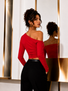 Red Off-Shoulder Ruched Full Sleeve Crop Top