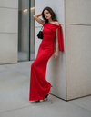 Red One-Shoulder Cape Sleeve Maxi Dress