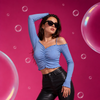 Sky Blue Ruched Off Shoulder Ribbed Crop Top