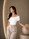 White Asymmetric Ruched Neck Fitted Top for Women