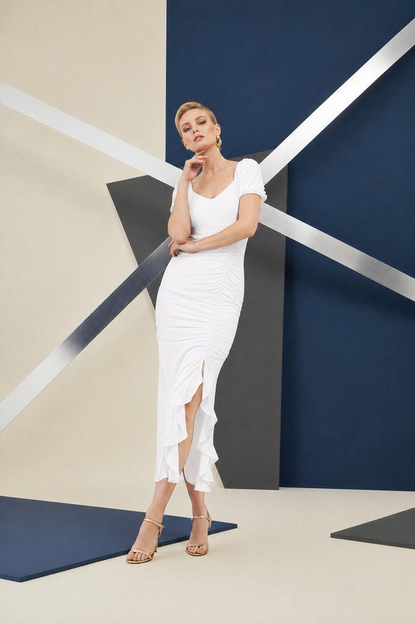 White Ruched Wrap Midi Dress