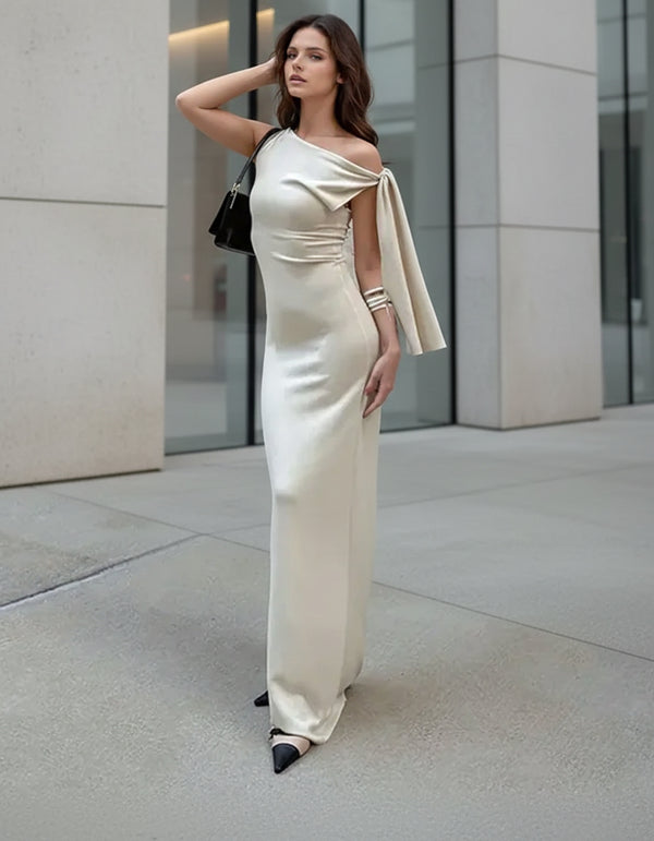 Off-White Maxi Dress Ruched Off Shoulder Bodycon - GARMENT2FASHION