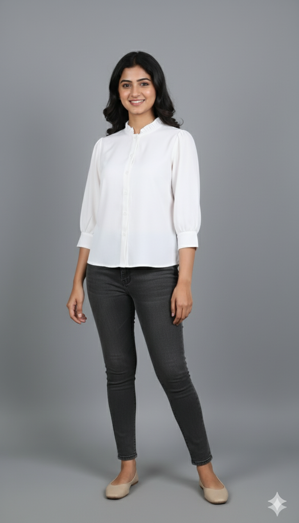 Premium White Solid Ruffle Collar Shirt - GARMENT2FASHION