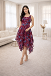 Wine Floral High-Low Midi Dress with Sleeveless Fit & Flowy Hem