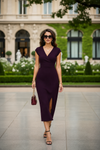 Deep Wine Plum Wrap Neck Side Slit Midi Dress