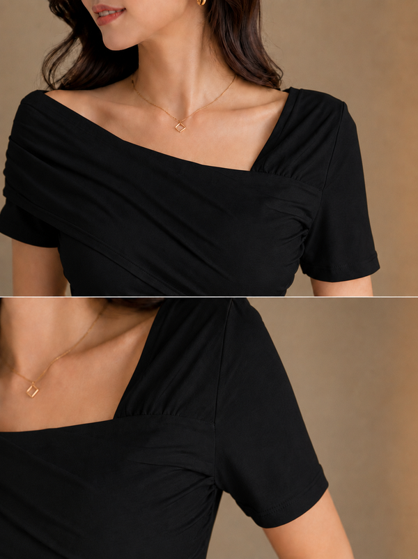 Black Asymmetric Ruched Neck Fitted Top for Women