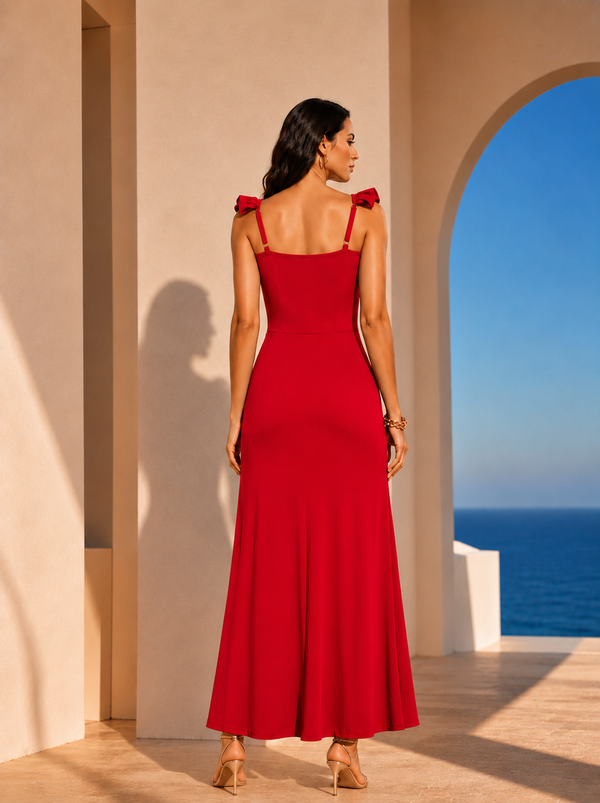 Red Ruched Cut-Out Maxi Dress