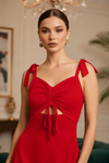 Red Ruched Cut-Out Slit Maxi Dress