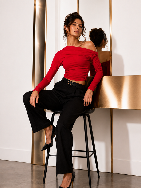 Red Off-Shoulder Ruched Full Sleeve Crop Top