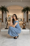 Light Blue One-Shoulder Ruched Maxi Dress
