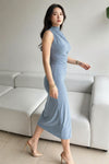 Light Blue High Neck Ruched Bodycon Midi Dress