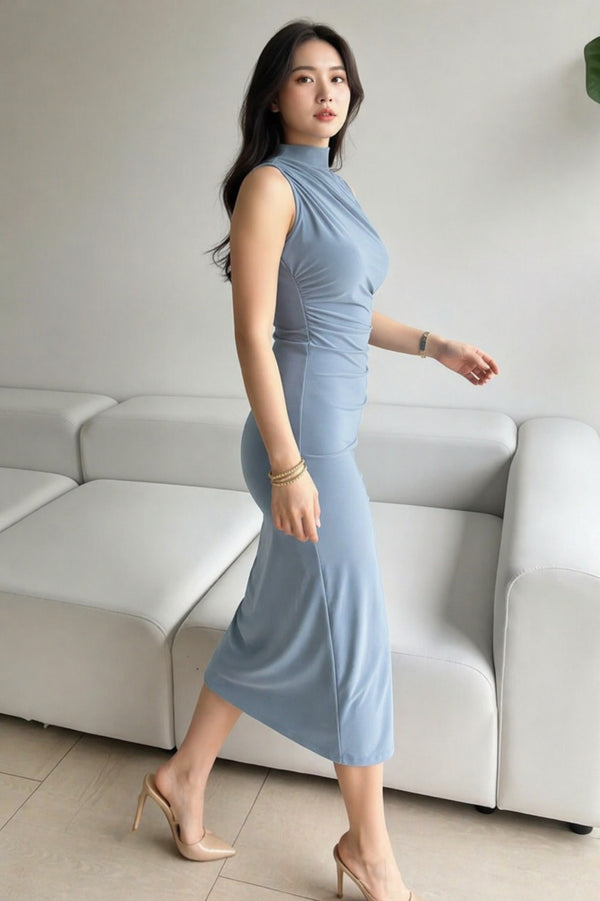 Light Blue High Neck Ruched Bodycon Midi Dress