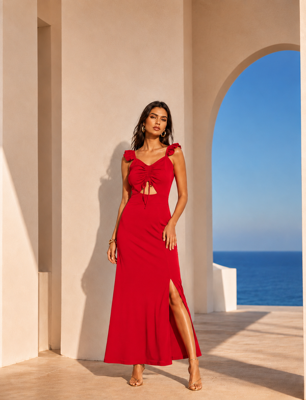 Red Ruched Cut-Out Maxi Dress