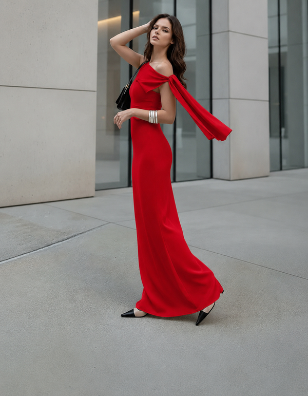 Red One-Shoulder Cape Sleeve Maxi Dress