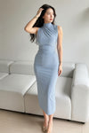 Light Blue High Neck Ruched Bodycon Midi Dress