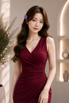 Maroon V-Neck Ruched Bodycon Mini Dress