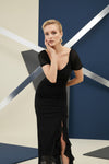 Black Ruched Ruffle Hem Midi Dress