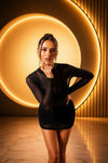 Black Mesh Ruched Bodycon Mini Dress