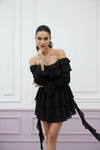 Black Off-Shoulder Ruffle Layered Mini Dress
