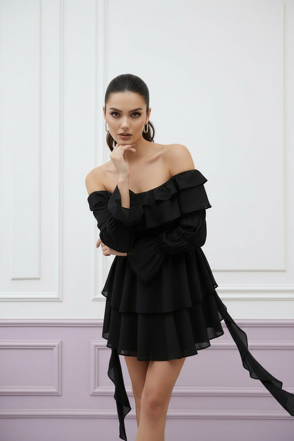 Black Off-Shoulder Ruffle Layered Mini Dress
