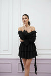 Black Off-Shoulder Ruffle Layered Mini Dress