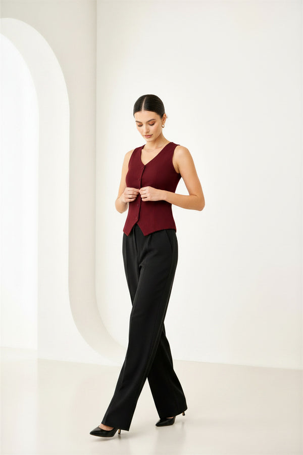 Maroon Sleeveless Tailored Button Front Top